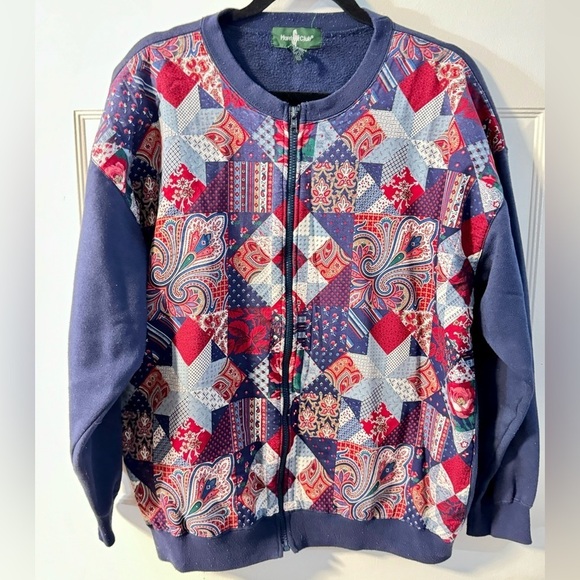 Hunt Club Sweaters - VTG 90’s Blue Multi Pattern Quilted Bomber Zip Up Sweater Jacket Grannycore